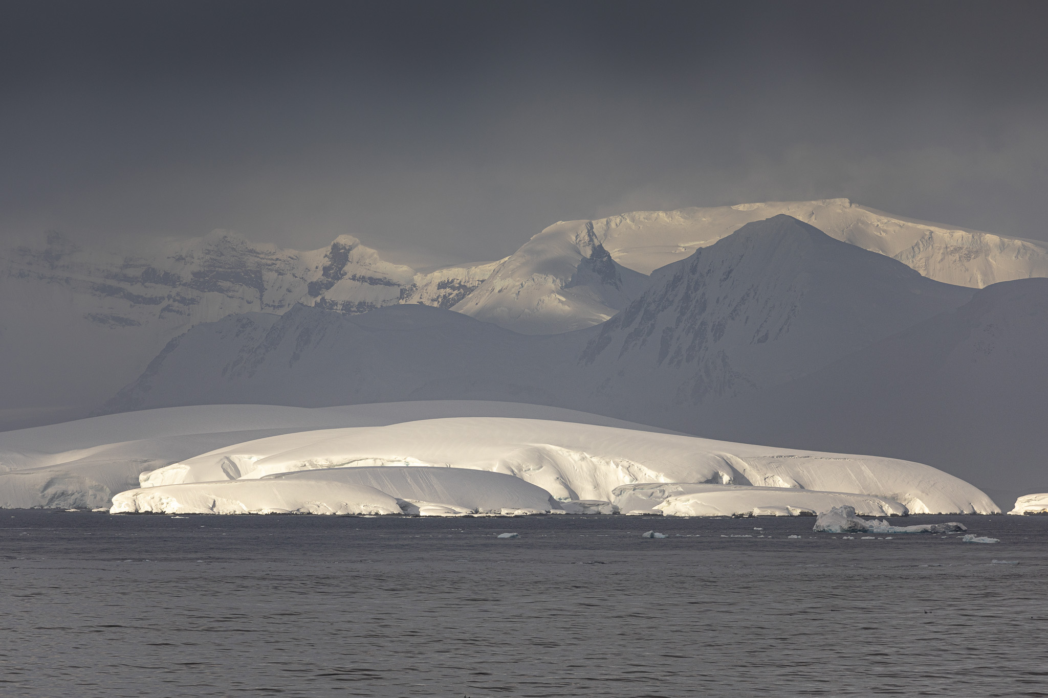 Looking north towards the exit of the Lemaire Channel at the Antarctic Peninsula